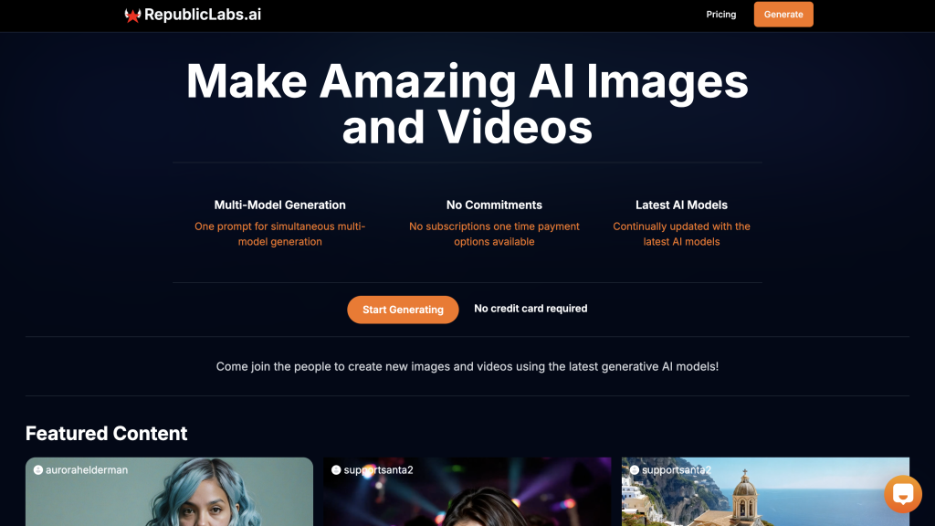 Screenshot of RepublicLabs.ai interface showcasing AI-generated images and videos from multiple models.