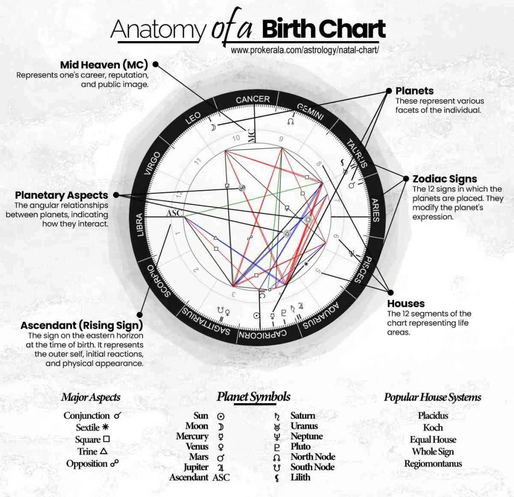 A birth chart diagram showing all the symbols, signs, and houses—basically the cosmic map of your personality