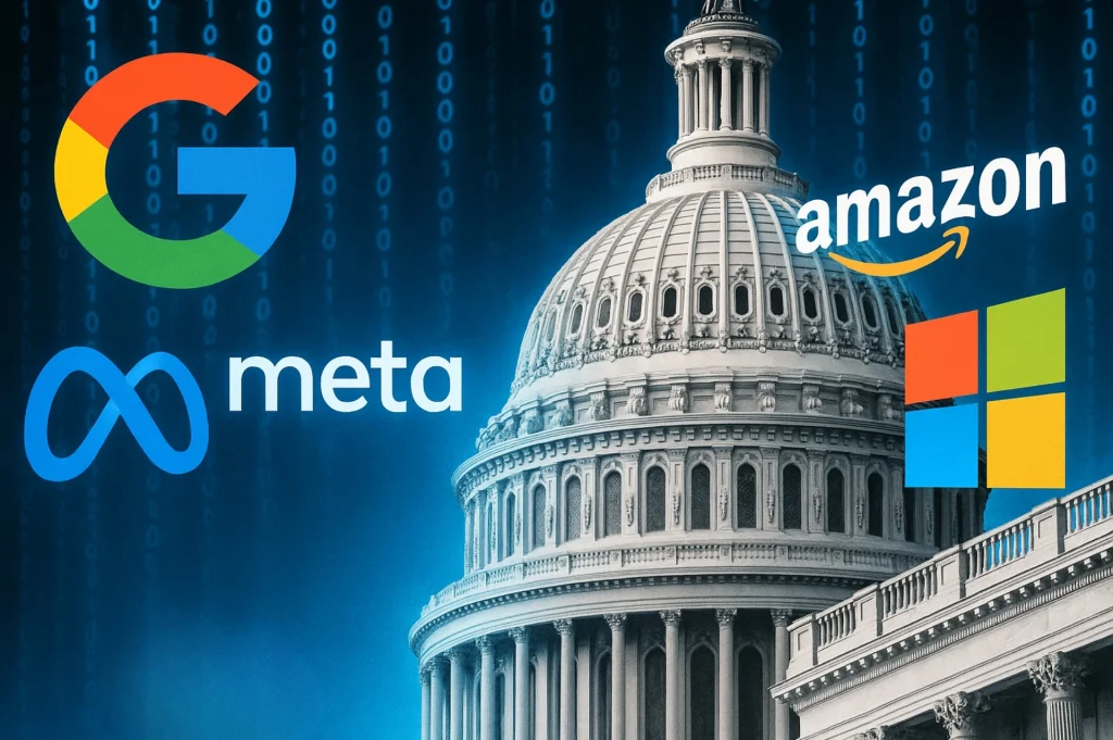 Illustration of Big Tech logos around the U.S. Capitol, showing the clash over federal vs state laws in AI policy.