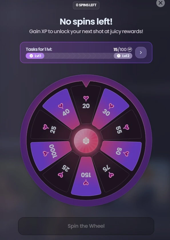 Gamified reward wheel in Swipey AI displaying different heart values and level progress bar