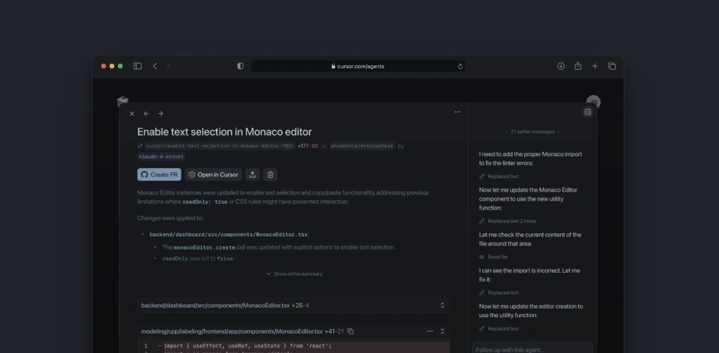 Cursor AI coding tool interface showing Monaco editor and real-time AI agent interactions for editing code.