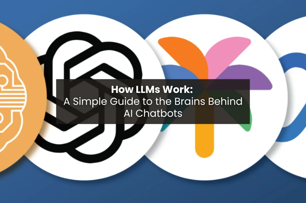 Logos of major LLM providers: OpenAI, Google Gemini, and others- shown in a circular design with the overlay text “How LLMs Work: A Simple Guide to the Brains Behind AI Chatbots.”