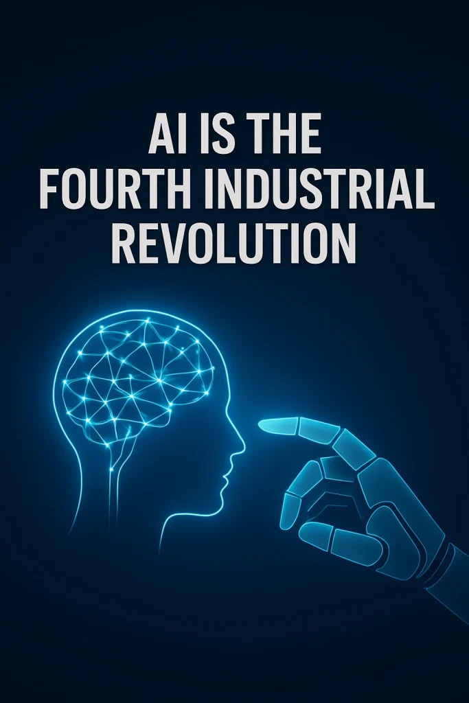 Illustration showing a glowing human head with a digital brain network and a robotic hand reaching out, symbolizing AI and the Fourth Industrial Revolution.