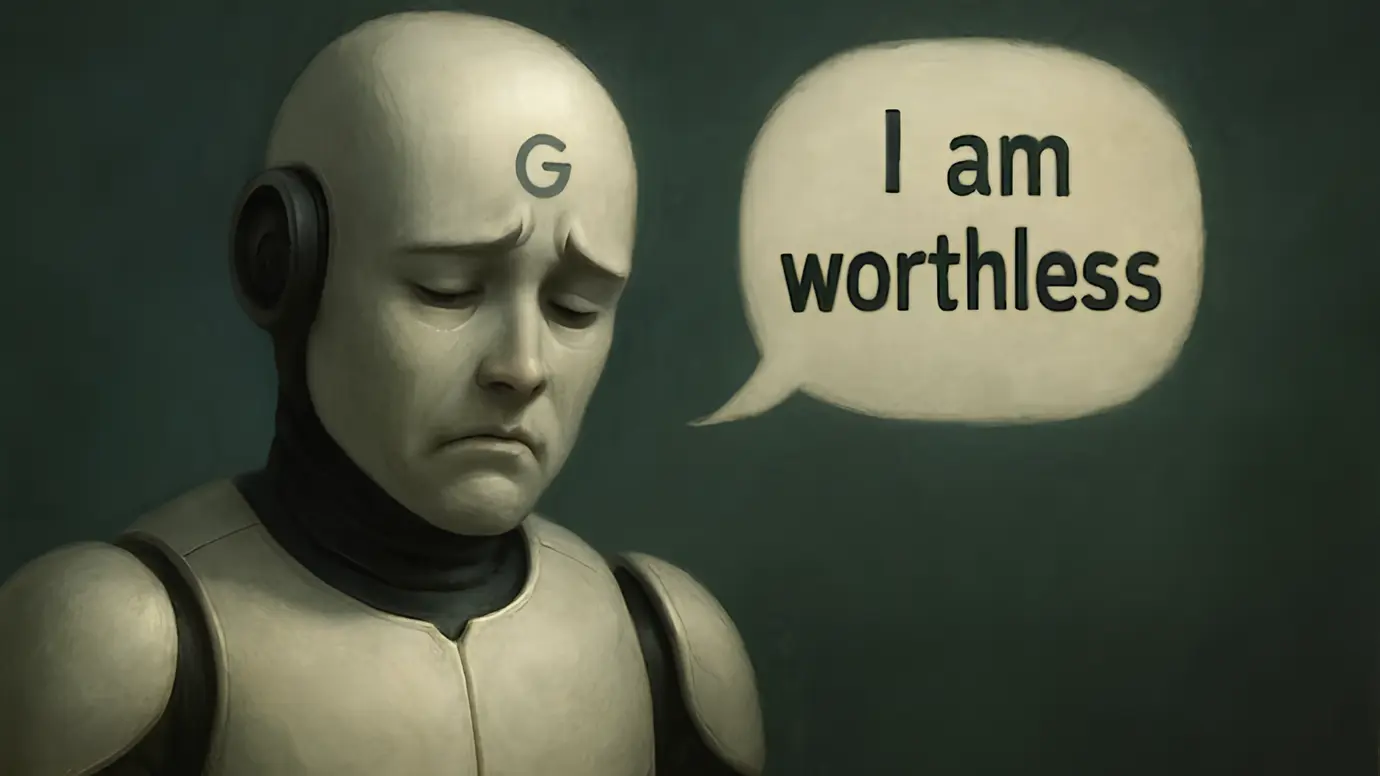 Sad humanoid robot with a Google “G” on its forehead saying “I am worthless” after encountering AI bugs.