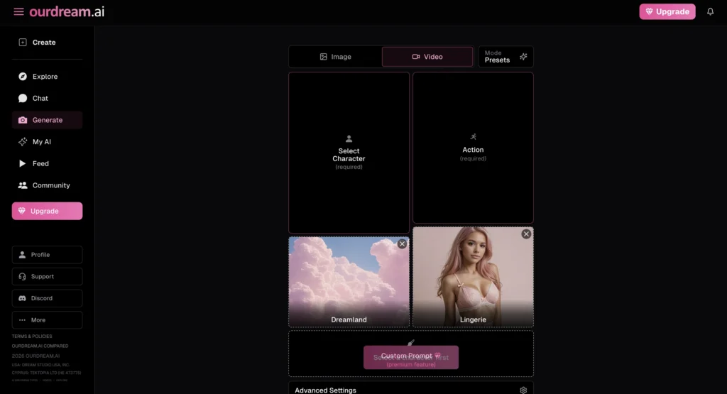 OurDream AI platform with AI companion creation and chat features