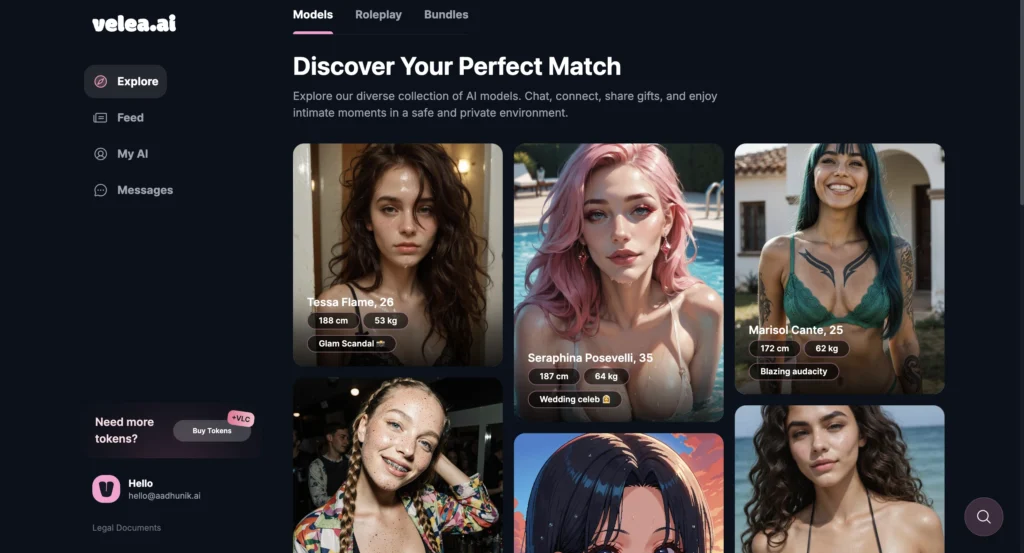 Velea.ai interface showing emotional AI companion chat experience