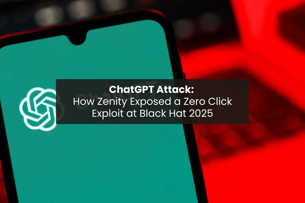 Smartphone screen displaying the ChatGPT logo with headline overlay about Zenity exposing a zero click exploit at Black Hat 2025.