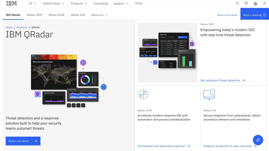 IBM QRadar dashboard showing AI-powered SIEM threat detection and event monitoring for AI data security apps 2025.