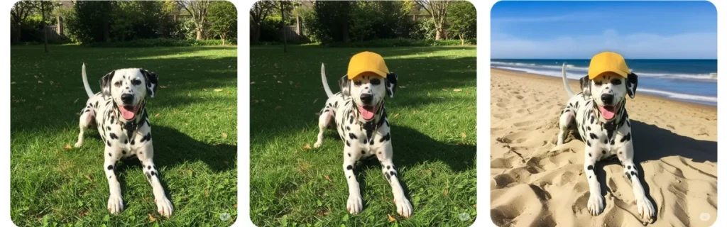 a picture of a dalmatian dog edited with nano banana- to make changes like adding a cap and changing the background to the beach. 