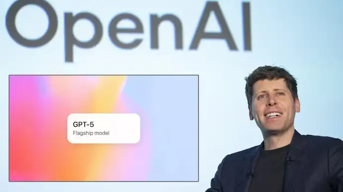 OpenAI CEO Sam Altman standing on stage, mid-sentence, with the OpenAI logo and ChatGPT 5 faintly visible behind him. He looks focused, conveying a sense of anticipation and leadership.