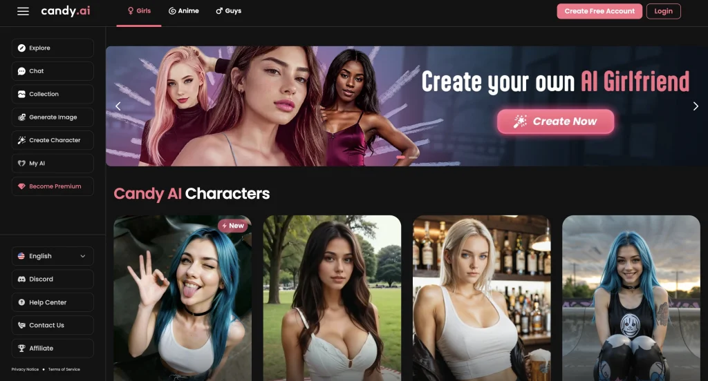 Candy AI interface showing AI girlfriend with image generation and chat features.