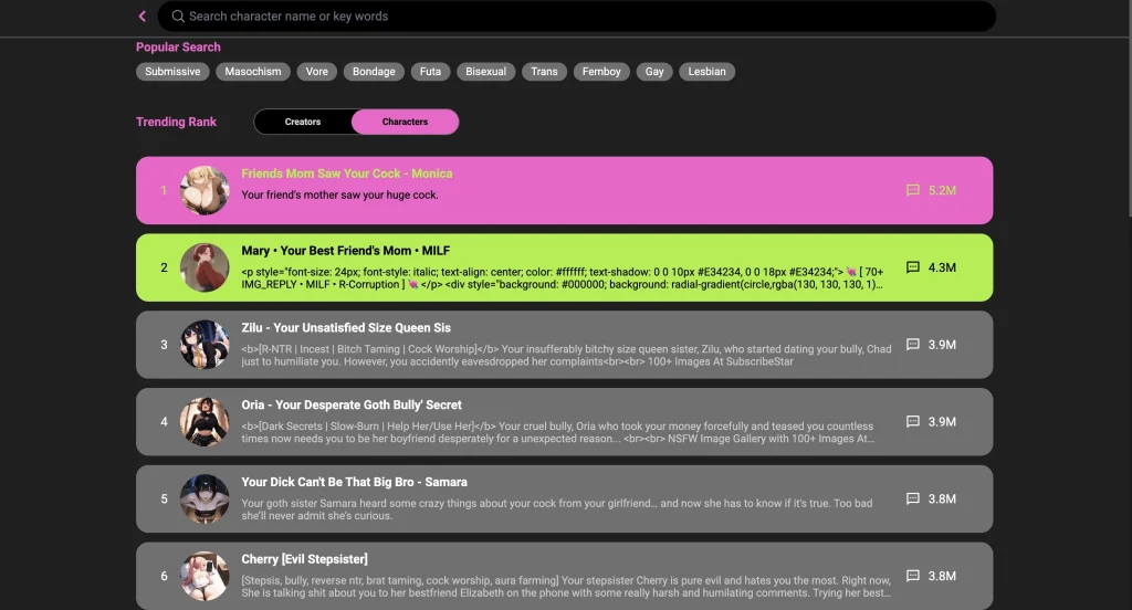 CrushOn.AI app screen displaying AI character profiles and chat interface.