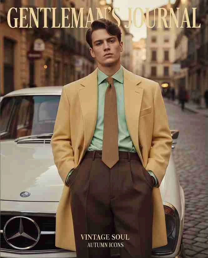 Man in a tailored yellow coat and green shirt standing in front of a vintage car on a city street