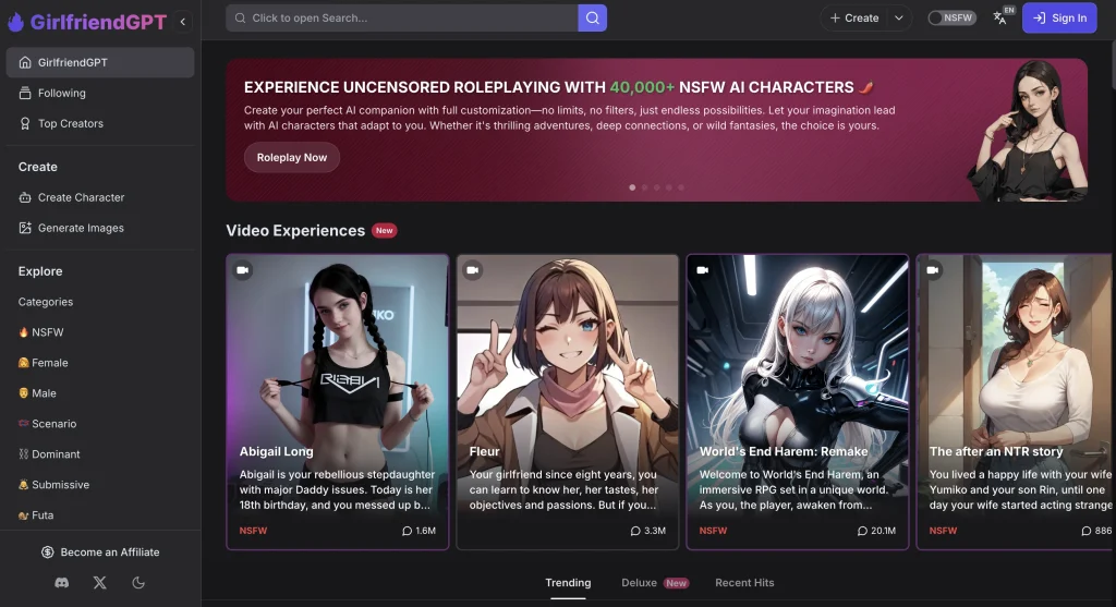 GirlfriendGPT app interface showing AI girlfriend chat with image generation.