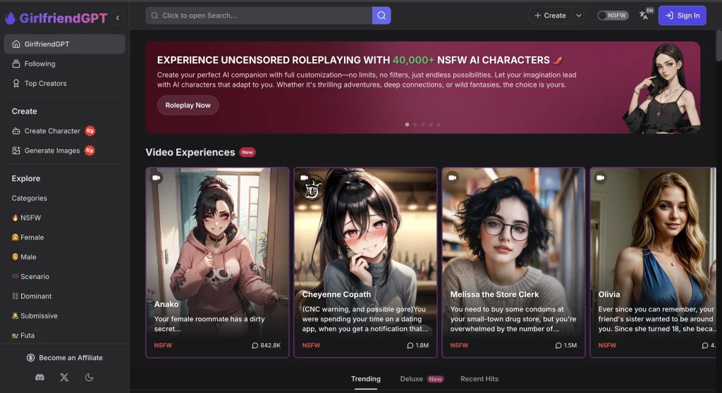GPTGirlfriend app interface showing AI girlfriend character and chat options.