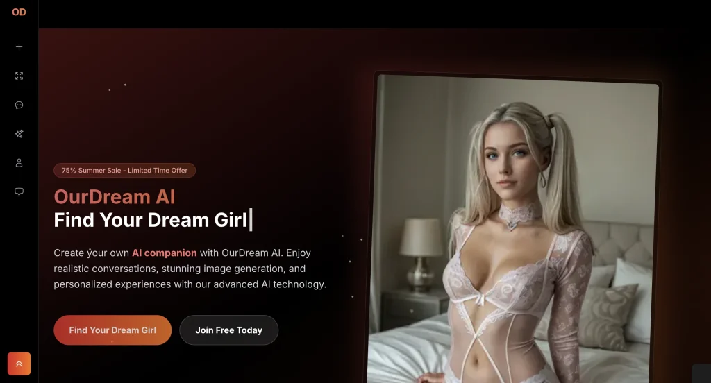 OurDream.ai app interface showing high-quality AI companion visuals and chat features.