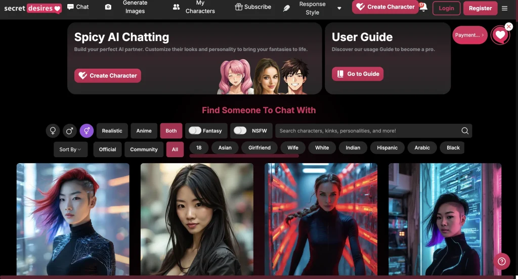 Secret Desires app showing private AI girlfriend chat and limited image options.
