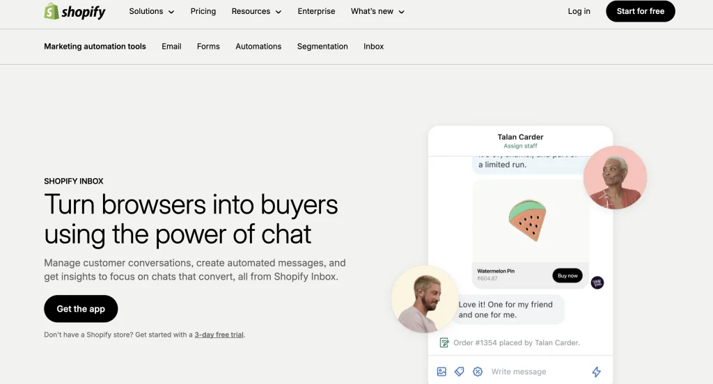 Shopify Inbox interface showing automated Shopify order tracking features.