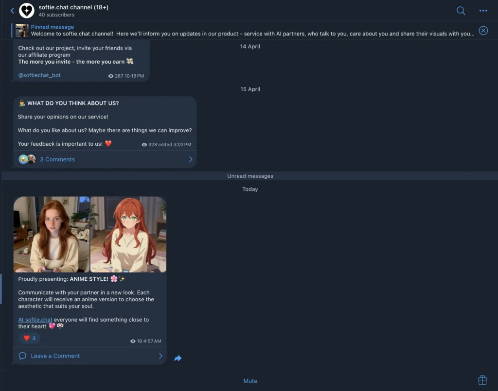 SoftieChat AI interface showing anime-style waifu companion characters in a Telegram chat, featuring personalized conversations, memory-based interaction, and immersive AI responses.