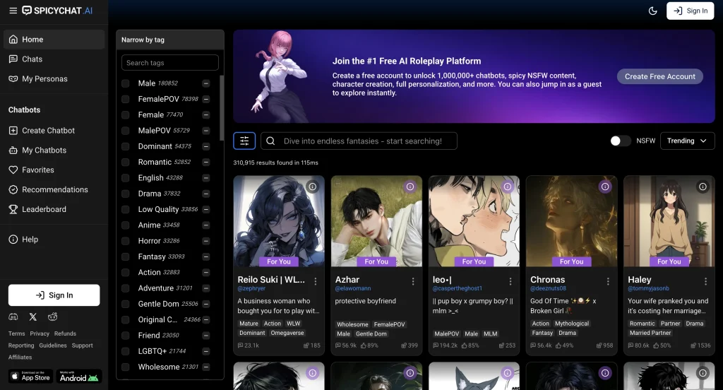 SpicyChat app interface showing AI characters in anime/fantasy scenarios for adult users.