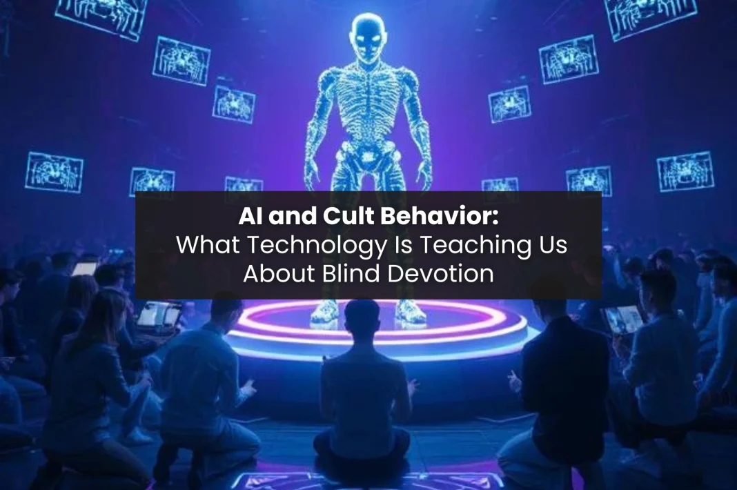 A surreal depiction of an AI cult, where followers gather around a glowing machine-like figure in blind devotion.