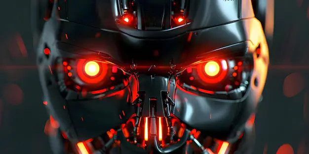 Close-up of a dark, menacing robot head with red glowing eyes, its gaze empty yet intense, hinting at inner turmoil and giving a chilling clue on Why AI makes mistakes.