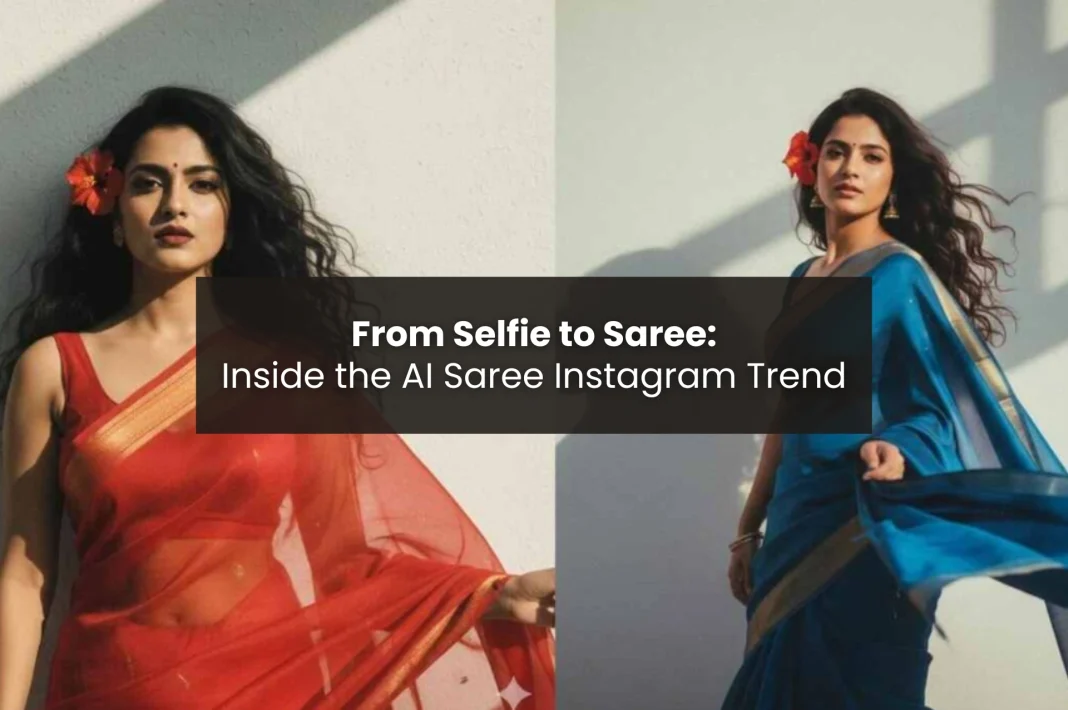 two ai generated photos in red and blue sarees showcasing the viral AI saree Instagram trend
