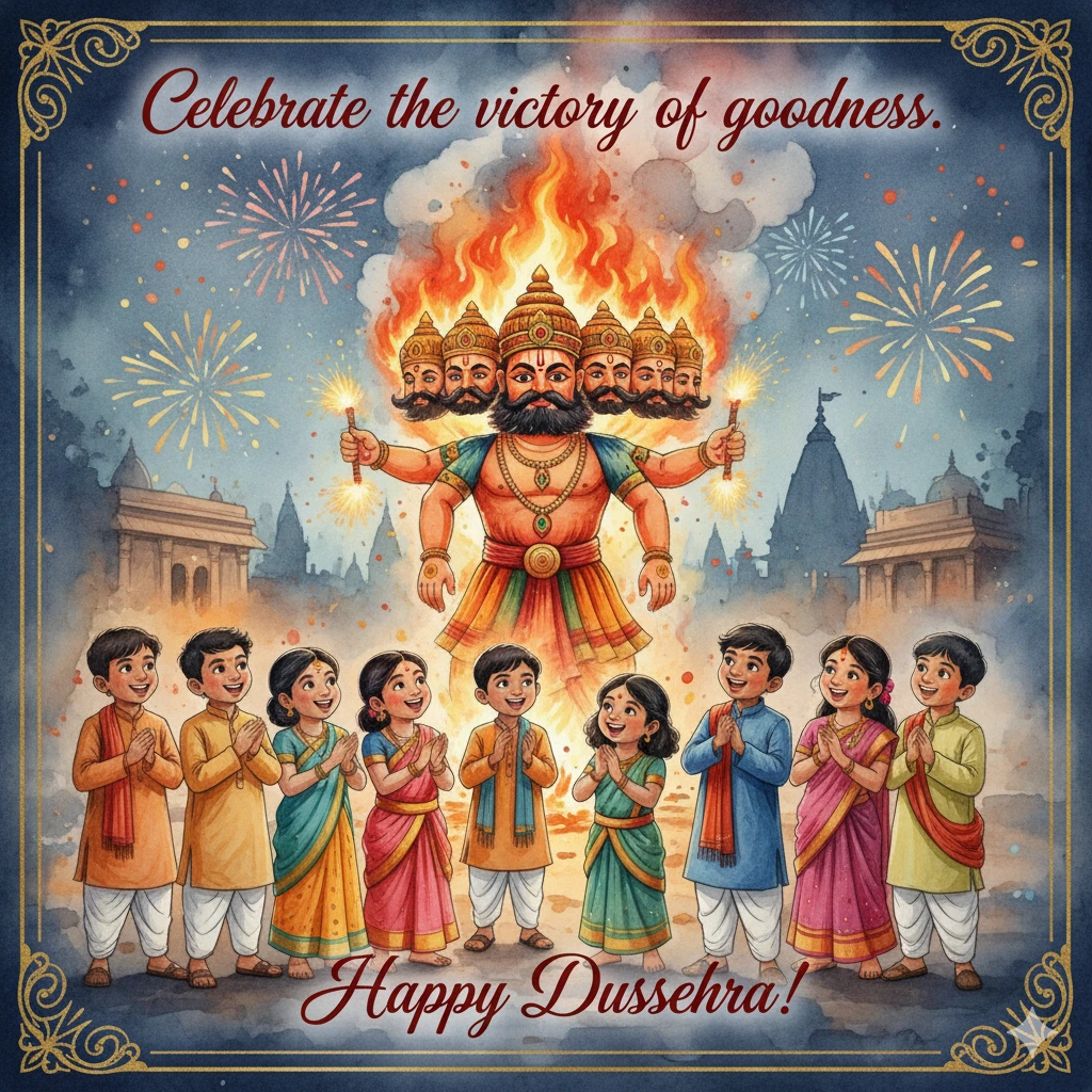 Watercolor Dussehra greeting card with Ravana effigy burning, children watching joyfully, with text: ‘Celebrate the victory of goodness. Happy Dussehra!