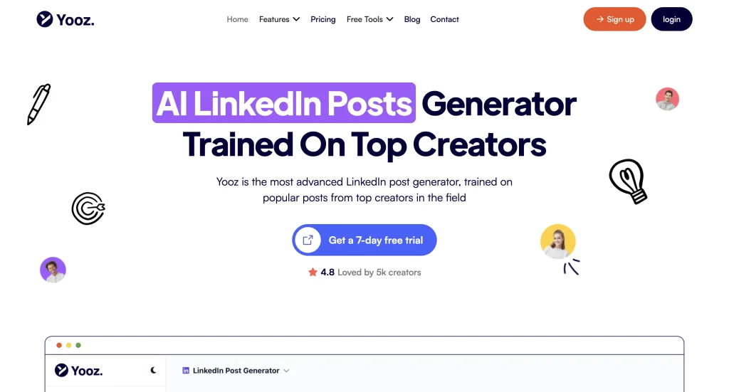 Screenshot of Yooz AI platform showing AI-generated LinkedIn post interface and content creation tools.