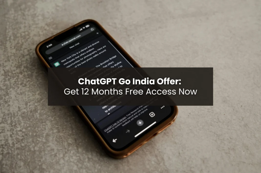 ChatGPT Go India free offer on mobile phone showing AI chat interface and premium features
