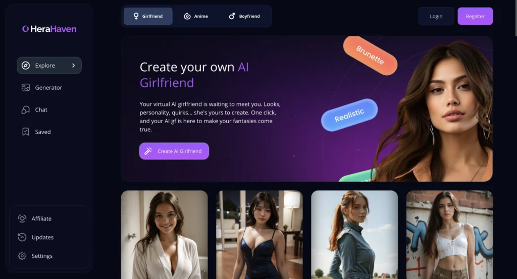 HeraHaven interface displaying a premium chat screen with video sharing and customization options.