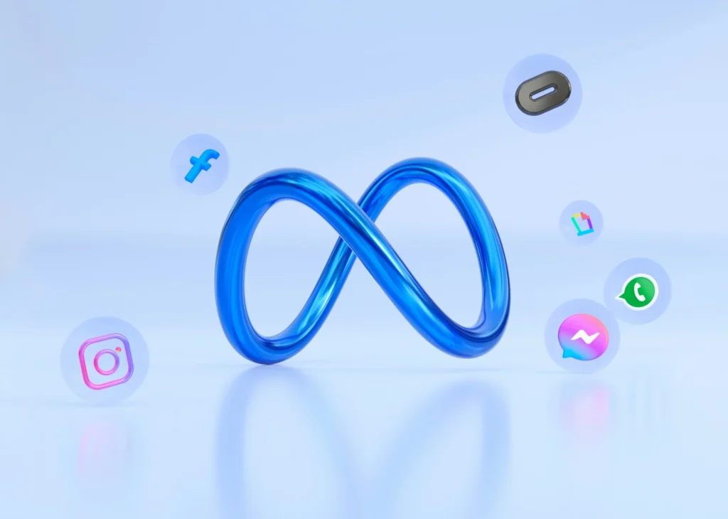 Meta AI-powered social media platforms with Instagram, Facebook, WhatsApp, and AR/VR metaverse environments.