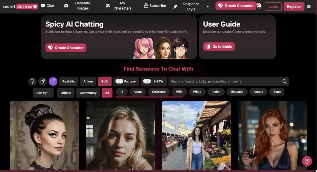 Secret Desires AI dashboard showing AI generated character images and video preview options.