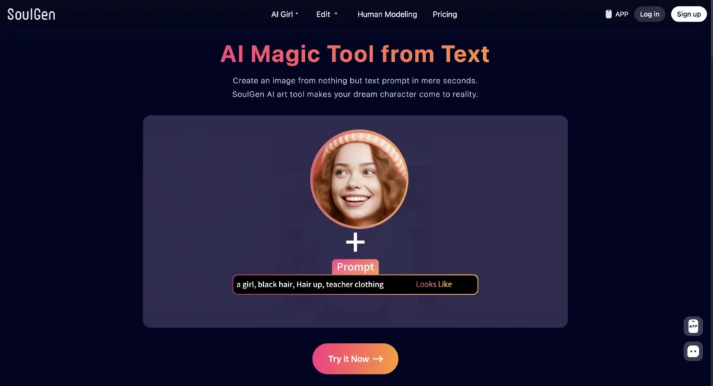 SoulGen app showing AI generated female avatars and video sharing features in chat interface.