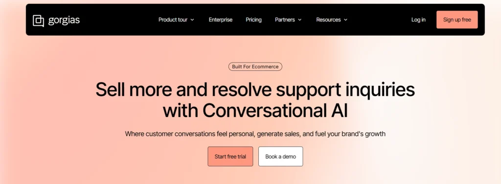 Gorgias conversational AI chatbot homepage displaying ecommerce customer support features for electronics stores to increase sales and automate support tickets