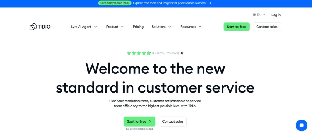 Tidio AI chatbot platform homepage showing customer service automation solution for Shopify electronics stores with high user ratings and free trial option