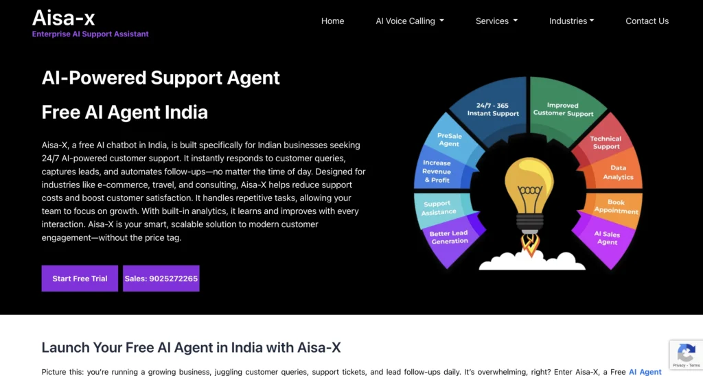 Aisa-X AI platform webpage offering free chatbot and automation solutions for Indian SMBs.