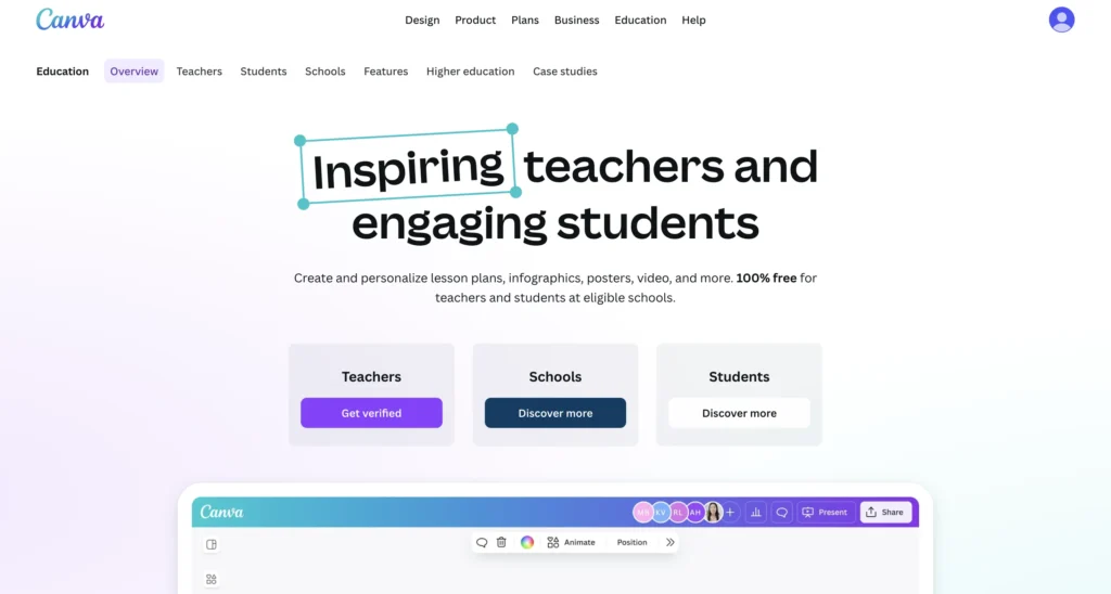 Canva for Education homepage offering free access to Magic Write and AI design tools for teachers and students in India.