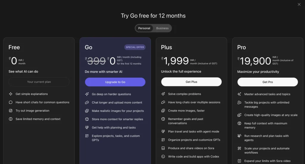 ChatGPT Pro plan webpage showing OpenAI’s free AI access initiative