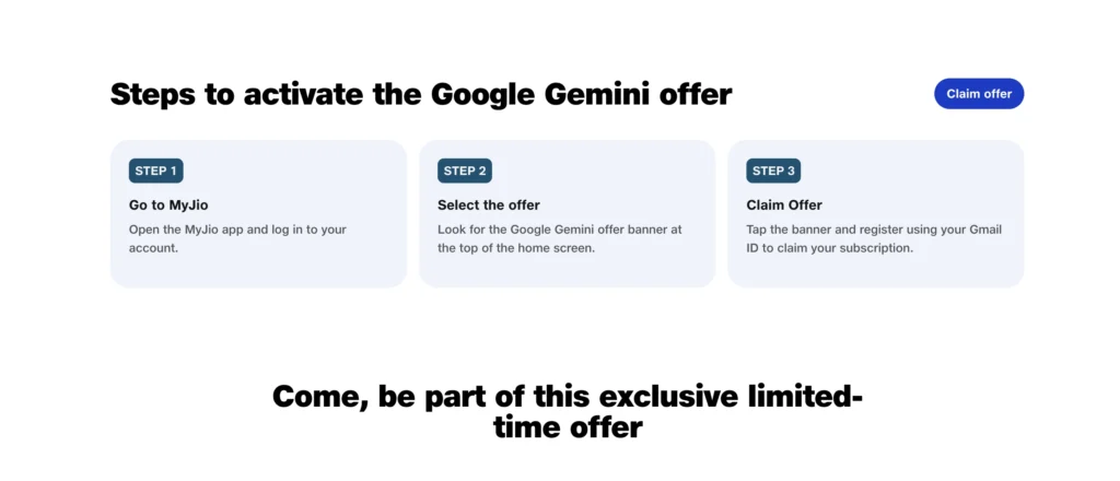 Screenshot showing three steps to activate the Google Gemini Pro offer in the MyJio app — open MyJio, select the offer banner, and claim using a Gmail ID.