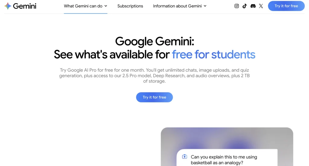 Google AI Pro student plan page with details on free Gemini 2.5 Pro access in India.