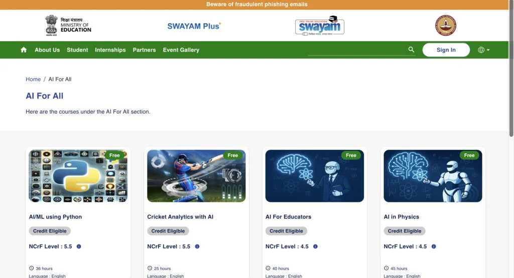 Official website showcasing Government of India’s five free artificial intelligence courses offered under the Ministry of Education in 2025.