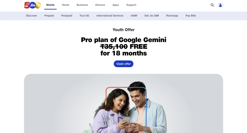 Reliance Jio and Google Gemini AI Pro partnership page showcasing free AI plan for Indian users.