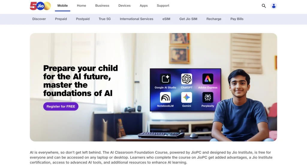 Jio Institute AI Classroom website offering free AI foundation course for Indian learners.