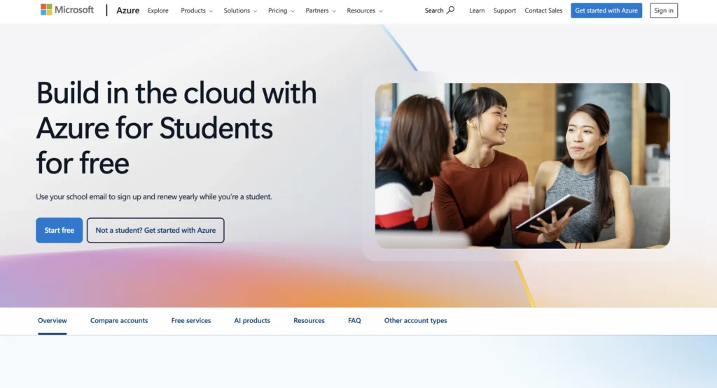 Microsoft Azure for Students portal offering $100 credits and AI tools free in India.