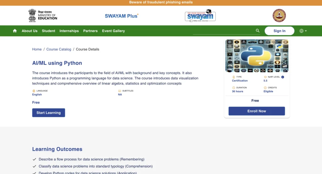 SWAYAM government website offering free AI and machine learning courses in India.