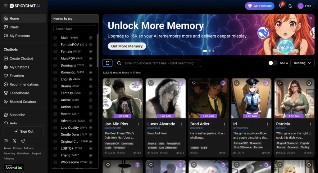 Spicy Chat AI website