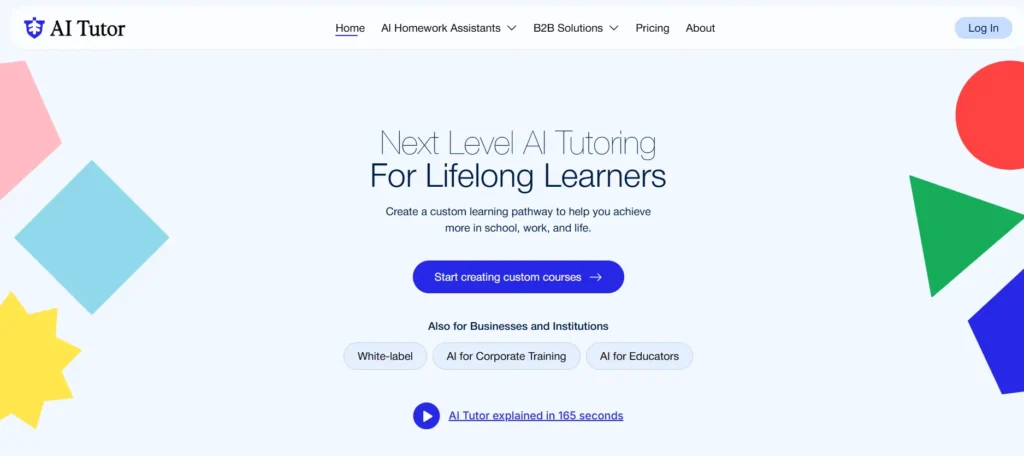 AI Tutor homepage displaying "Next Level AI Tutoring For Lifelong Learners" with colorful geometric shapes and call-to-action button for creating custom learning pathways for school, work, and life