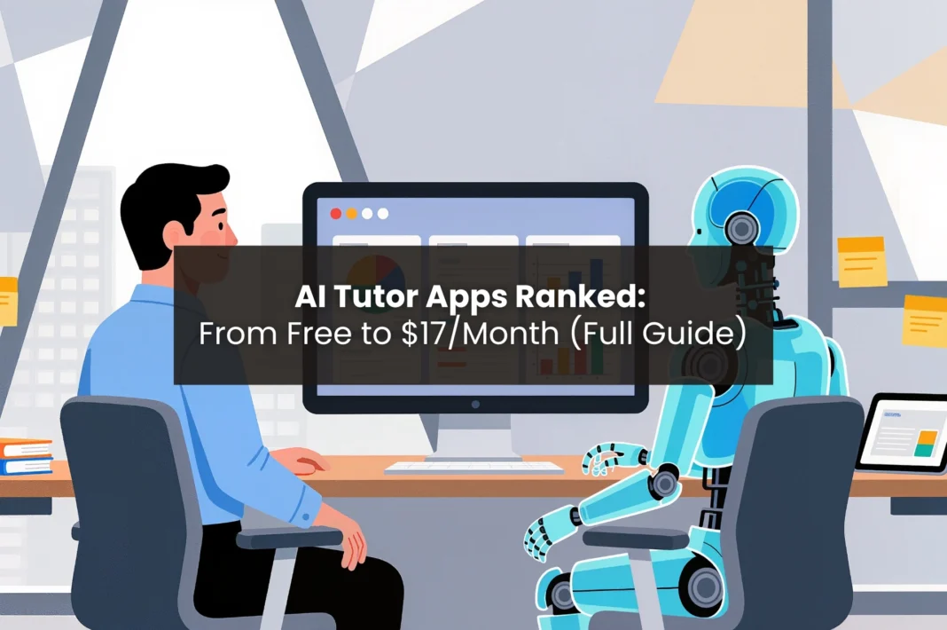 Illustration of student sitting at computer desk with blue AI robot tutor assistant, representing AI tutor apps comparison guide ranking platforms from free to $17 per month for personalized online learning