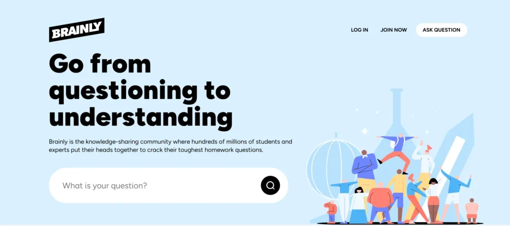 Brainly homepage showing tagline "Go from questioning to understanding" with search bar and illustration of diverse students collaborating, representing community-based AI tutor app with peer learning and expert verification